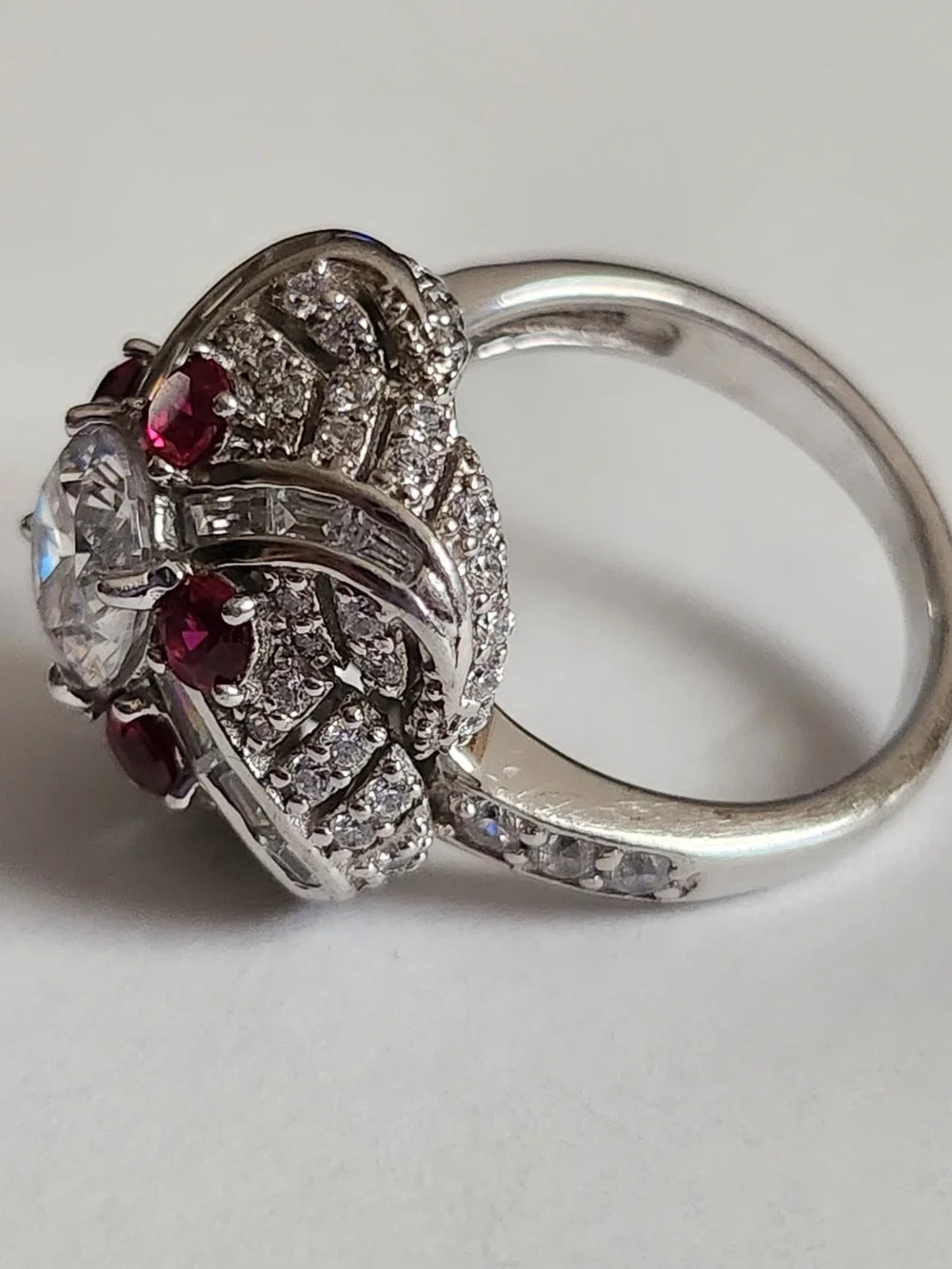 Jean Dousset JD Ruby Colored CZ Cocktail Ring 925 Sterling Silver Size 6